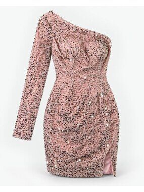 HK40 - Pomuyoo Women’s Size 2 Blush Pink Sequin Velvet One Shoulder Long Sleeve